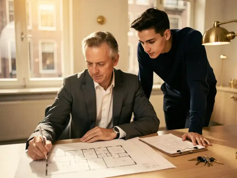 Ervaren professional in zakelijk pak bestudeert plattegrond op Amsterdams kantoor, collega kijkt toe bij bureau met klembord en sleutels.