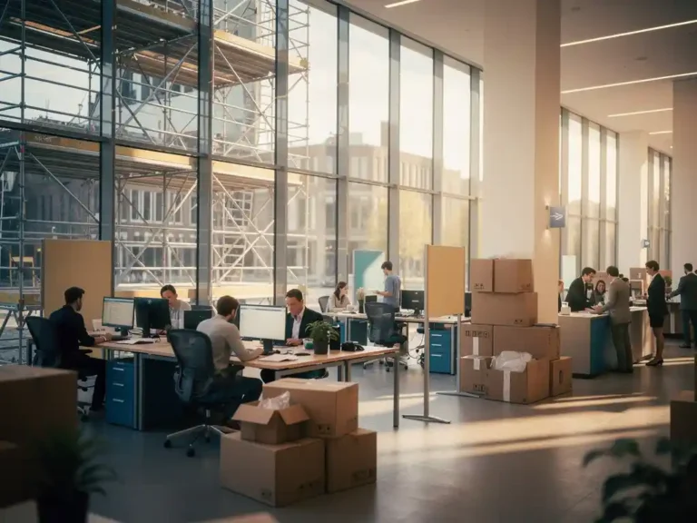 Amsterdams kantoorgebouw in uitbreiding met steigers langs glazen gevel en drukke open werkruimte vol verhuisdozen en tijdelijke balie's.