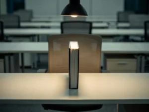 Dikke contractmap op een leeg facilitair bureau, verlicht door een bureaulamp in een stille, moderne kantooromgeving.