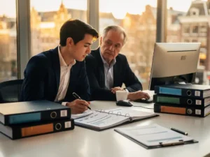 Twee collega's bekijken een facilitair beheerdossier aan een modern bureau in Amsterdam, omringd door geordende mappen in warm middaglicht.