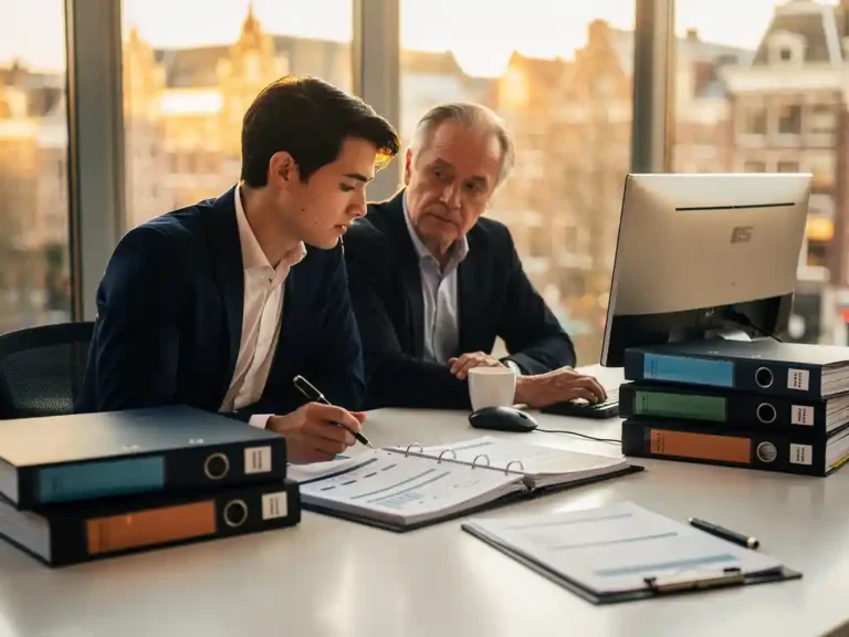 Twee collega's bekijken een facilitair beheerdossier aan een modern bureau in Amsterdam, omringd door geordende mappen in warm middaglicht.
