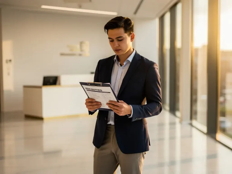 Jonge professional in zakelijk pak controleert faciliteitenchecklist op klembord in modern Amsterdam kantoor met gouden ochtendlicht.