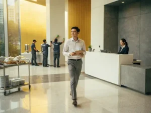 Jonge facilitair manager met klembord in moderne kantoorlobby, met receptiebalie, onderhoudspersoneel en cateringkar op de achtergrond.
