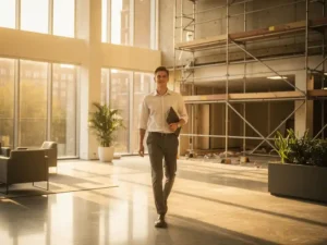 Facilitair professional loopt zelfverzekerd door een moderne Amsterdamse kantoorlobby in aanbouw, klembord in hand, gouden daglicht door hoge ramen.