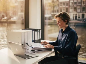 Jonge facilitair professional ordent onderhoudslogboeken en mappen op modern bureau met laptop, Amsterdamse grachten zichtbaar op achtergrond.