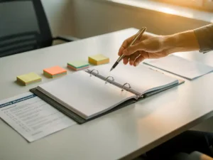 Open facilitair beheerdossier op modern bureau met checklist en sticky notes, terwijl een pen wordt overgedragen tussen twee handen in warm tegenlicht.