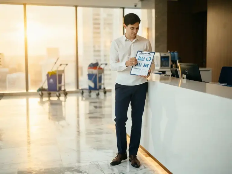 Jonge professional in smart casual kleding bekijkt prestatiecijfers op klembord bij servicebalie in moderne bedrijfslobby.