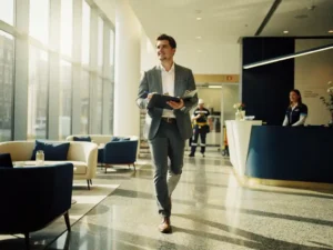 Jonge facilitair manager loopt door moderne kantoorldobby in Amsterdam met klembord, onderhoudspersoneel en receptie op de achtergrond.