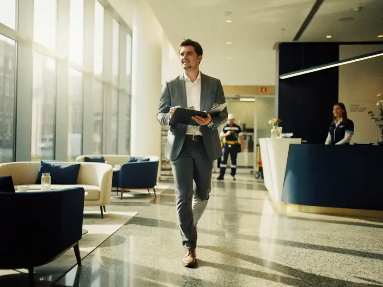 Jonge facilitair manager loopt door moderne kantoorldobby in Amsterdam met klembord, onderhoudspersoneel en receptie op de achtergrond.