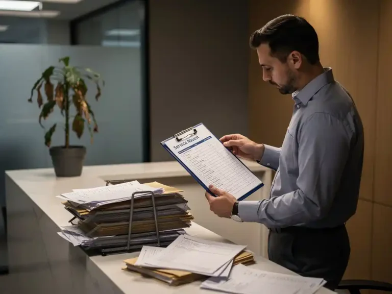 Facilitair manager bestudeert klembord met taakoverzicht naast overvolle servicebalie met opstapelende onderhoudsverzoeken op kantoor.