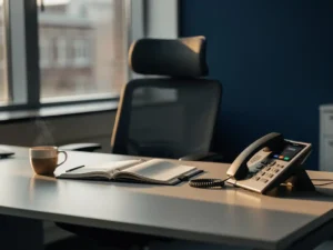 Verlaten bureau van een facilitair manager in een modern Amsterdams kantoor, met een halfvol koffiekopje, open agenda en rinkelde telefoon.