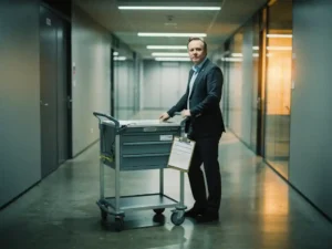 Facilitair manager naast een stilstaande servicewagen in een Amsterdams kantoorgebouw, met een klembord vol onvoltooide checklists.