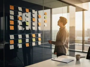 Facilitair manager bekijkt kleurgecodeerd onderhoudsbord met sticky notes op glazen wand in modern Amsterdams kantoor.