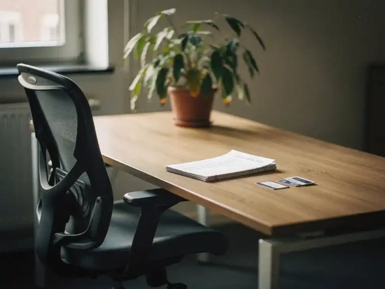 Verlaten bureau van een facilitair manager in een modern Amsterdams kantoor met lege stoel, half afgeronde checklist en toegangspassen.