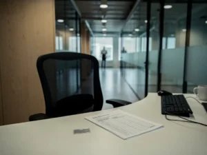 Verlaten bureau van een facilitair manager in Amsterdam met ergonomische stoel, half ingevulde onderhoudslijst en toegangspas.
