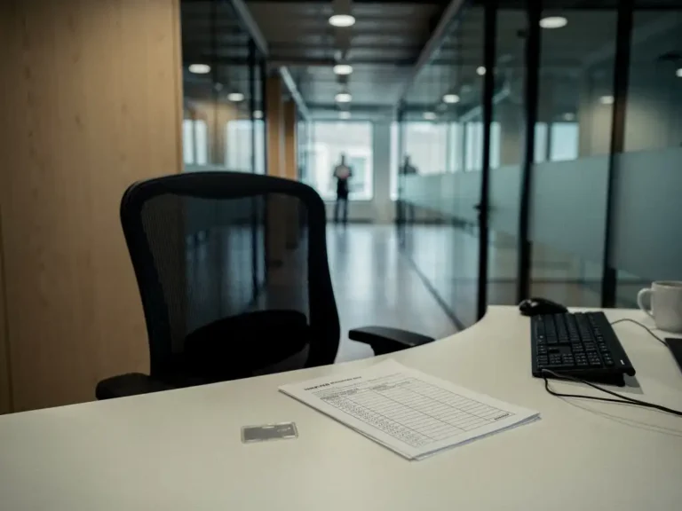 Verlaten bureau van een facilitair manager in Amsterdam met ergonomische stoel, half ingevulde onderhoudslijst en toegangspas.