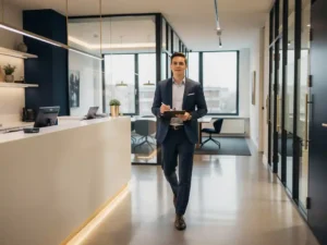 Jonge facilitair manager loopt met klembord door modern Amsterdams kantoorgebouw met receptie en vergaderruimte op de achtergrond.
