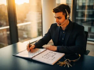 Jonge facilitair manager aan bureau met plattegronden en ordner, headset en sleutelbos zichtbaar, modern Amsterdams kantoor met groot raam.