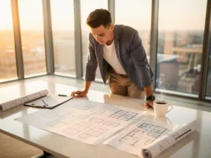 Jonge faciliteitsprofessional bestudeert een uitgedrukt organigram op een modern bureau met plattegronden en koffie.