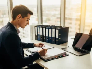 Jonge faciliteitsprofessional die handgeschreven notities ordent in een gestructureerde map op een modern bureau, omringd door gelabelde mappen en laptop.