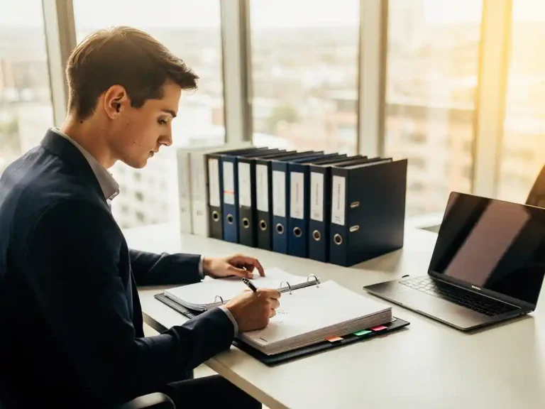 Jonge faciliteitsprofessional die handgeschreven notities ordent in een gestructureerde map op een modern bureau, omringd door gelabelde mappen en laptop.