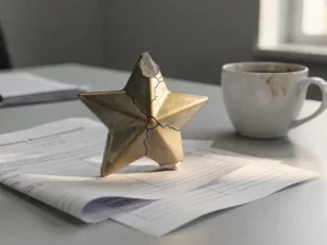 Gebarsten keramische ster ornament op bureau, omringd door ongeordende onderhoudsverzoeken en lege koffiebeker, gedempte goud- en grijstinten.