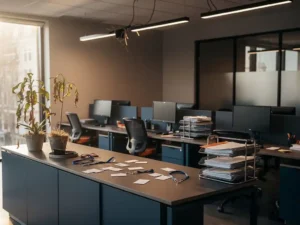 Verwaarloosd Amsterdams kantoor met overvolle inbak, kapotte lamp en onbeheerde receptie met verwelkte planten in gedempte blauw-beige tinten.