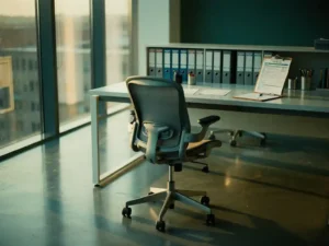 Lege moderne bureaustoel voor een georganiseerd facilitair managementbureau met klembord en inspectielijsten in Amsterdam.
