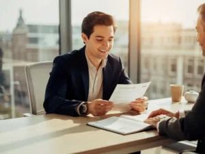 Jonge professional bekijkt kostenvoorstel aan modern bureau in Amsterdam-kantoor, collega's hand op agenda, warm natuurlijk licht.