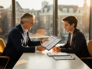 Ervaren facilitair manager overhandigt georganiseerde documentenmap aan jonge collega aan modern bureau in Amsterdam kantoor met groot raam.