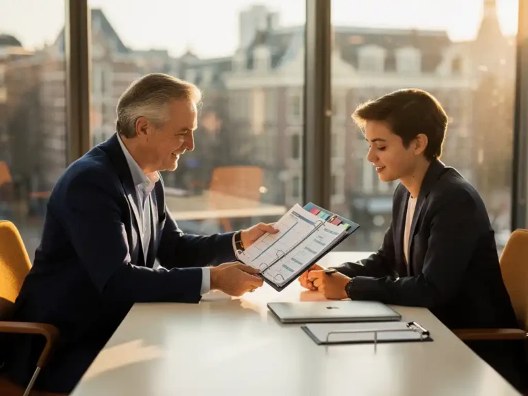 Ervaren facilitair manager overhandigt georganiseerde documentenmap aan jonge collega aan modern bureau in Amsterdam kantoor met groot raam.