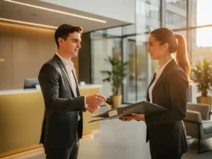 Facilitair professional overhandigt binder en toegangspas aan collega in modern Amsterdams kantoor met warme neutrale tinten.