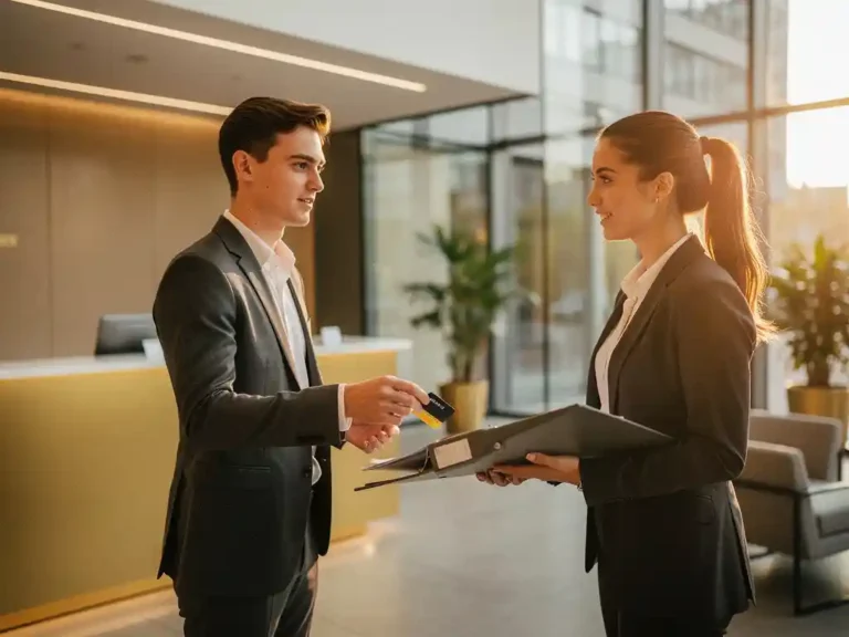 Facilitair professional overhandigt binder en toegangspas aan collega in modern Amsterdams kantoor met warme neutrale tinten.