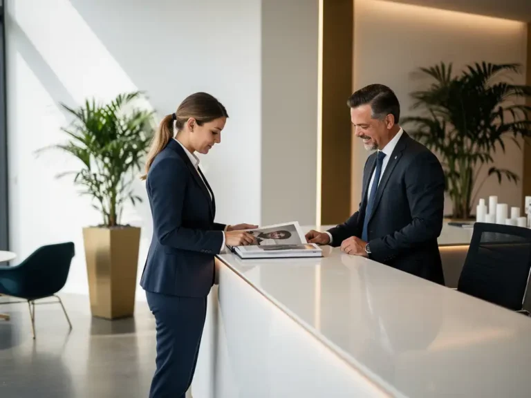 Jonge professional in zakelijke kleding bekijkt portfolio aan receptiebalie in modern Amsterdams kantoor, mentor observeert vriendelijk op de achtergrond.