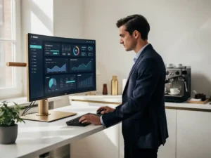 Jonge professional in zakelijke kleding bestudeert digitaal dashboard op groot scherm in modern Amsterdams kantoor.