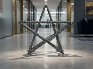 Vijfpuntige ster van verweven staalkabels verankerd in gepolijste betonvloer, met zichtbare beschermklem, in moderne kantoorgang.