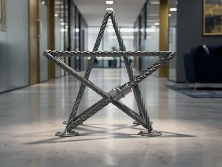 Vijfpuntige ster van verweven staalkabels verankerd in gepolijste betonvloer, met zichtbare beschermklem, in moderne kantoorgang.