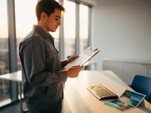 Facilitair medewerker bekijkt onderhoudslijst op klembord bij moderne servicebalie, zomerse ansichtkaart naast toetsenbord, warm middaglicht.