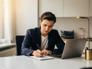 Jonge professional schrijft gestructureerde doelen op notitieblok aan modern bureau in minimalistisch Amsterdams kantoor.