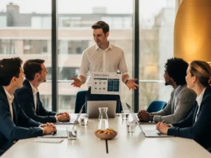 Facilitair professional presenteert servicedesk voorstel aan team in modern Amsterdams kantoor met warm natuurlijk licht.