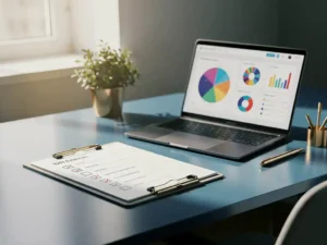 Klembord met gestructureerde checklist op facilitair managementbureau, laptop met KPI-dashboard en klein kamerplantje op de achtergrond.