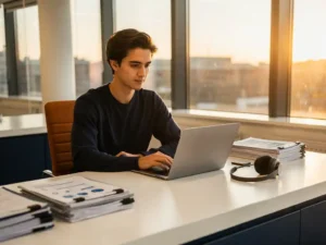 Jonge faciliteitsprofessional bekijkt dashboard op laptop aan moderne servicebalie in Amsterdam, met onderhoudslogboeken en headset in warm ochtendlicht.