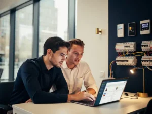 Faciliteitsprofessional en IT-technicus bekijken samen een digitaal dashboard op laptop bij een modern Amsterdams werkstation met toegangscontrolepanelen.