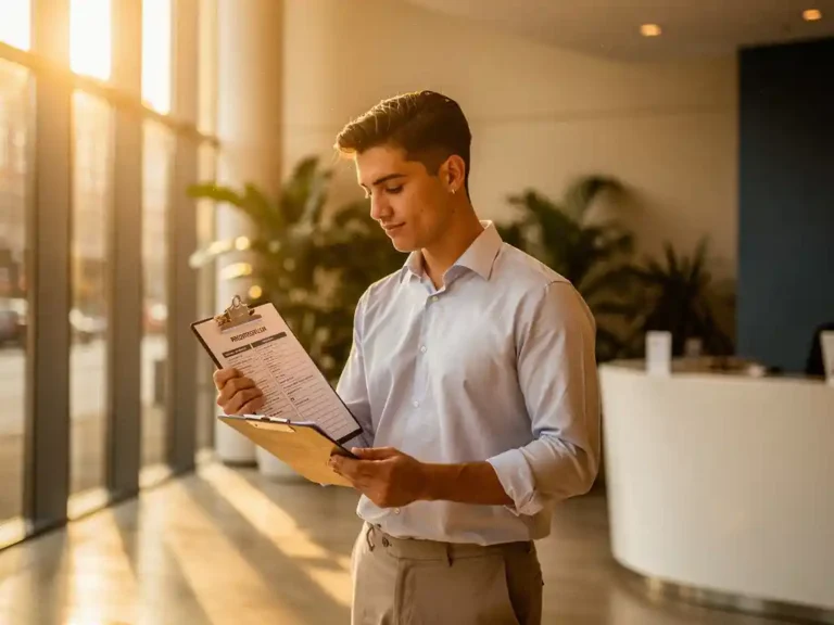 Jonge facilitair manager bekijkt prioriteitenlijst op klembord in moderne Amsterdamse kantoorlobby met gouden ochtendlicht.