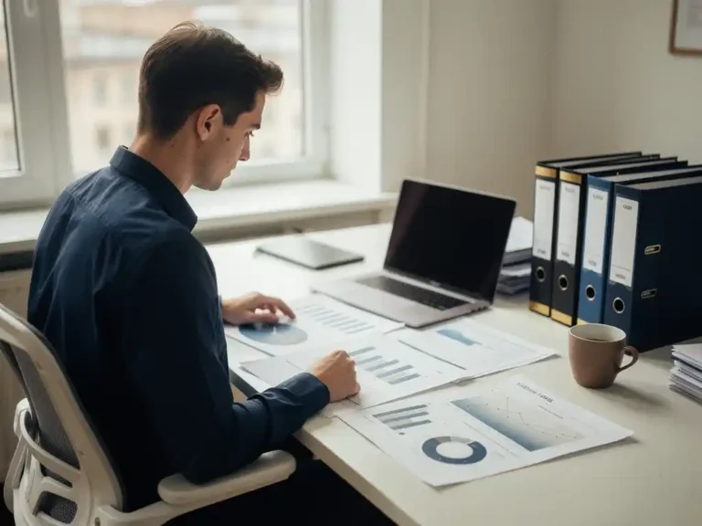 Jonge facility manager bestudeert KPI-rapporten en grafieken op een modern bureau met laptop, ordners en koffie in warm natuurlijk licht.