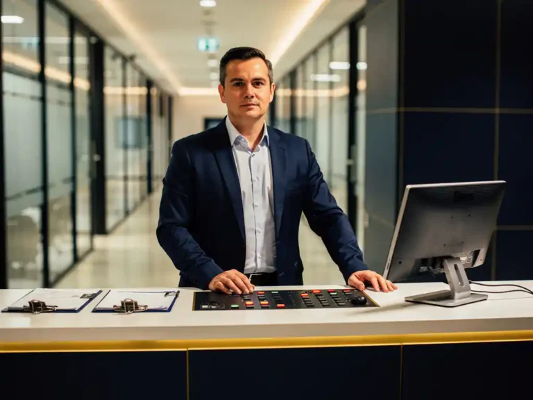 Facilitair manager achter een moderne servicebalie met georganiseerd controlepaneel en dashboardmonitor in een strak kantoor.