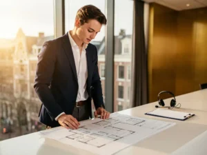 Jonge facilitair manager bekijkt bouwtekening op receptiebalie in modern Amsterdams kantoor met vloer-tot-plafond ramen.