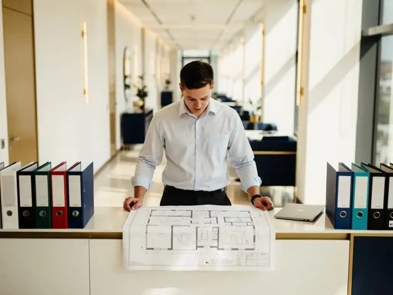 Jonge facilitair professional bekijkt een groot vloerplan op een moderne receptiebalie met laptop en ordners in een lichte kantoorruimte.