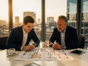 Jonge faciliteitsprofessional en senior manager bekijken een plattegrond aan een vergadertafel in een modern Amsterdams kantoor.