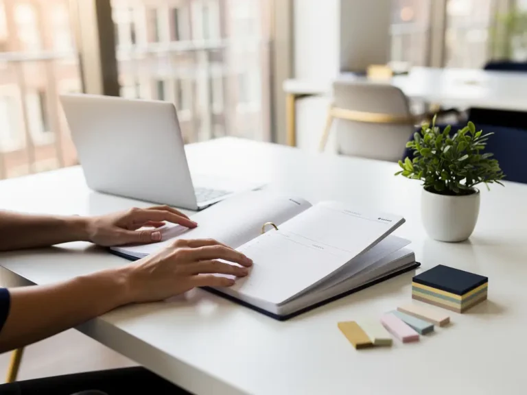 Handen die een gestructureerde jaarplanner openslaan op een modern bureau met laptop, potplant en gekleurde sticky notes in een Amsterdam kantoor.